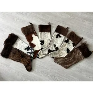 SALE - Assorted Buffalo / Bison Hair Christmas Stocking with Cowhide Leather Black and White