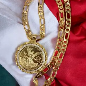 Mexican Centenario 18K Gold Plated 50 Pesos Pendant with 9mm Figaro Chain 24" & 26" Lengths 71 Grams Elegance Jewelry 2 x 2.5 Inches Sparkling Details