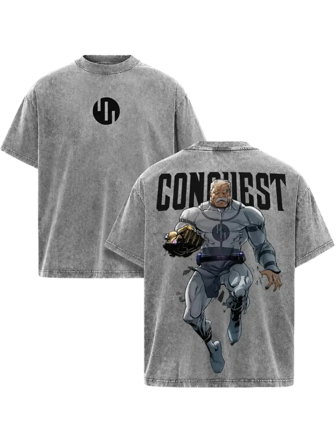 Oversized Graphic T-Shirt in Vintage Washed Heavyweight Cotton, Double-Printed Invincible Anime Streetwear Top for Men & Women, Tshirt, Shortsleeve, Menswear, Casual, Cotton Graphic Tees, Oversized Graphic Tee, Unisex Crewneck Tropical