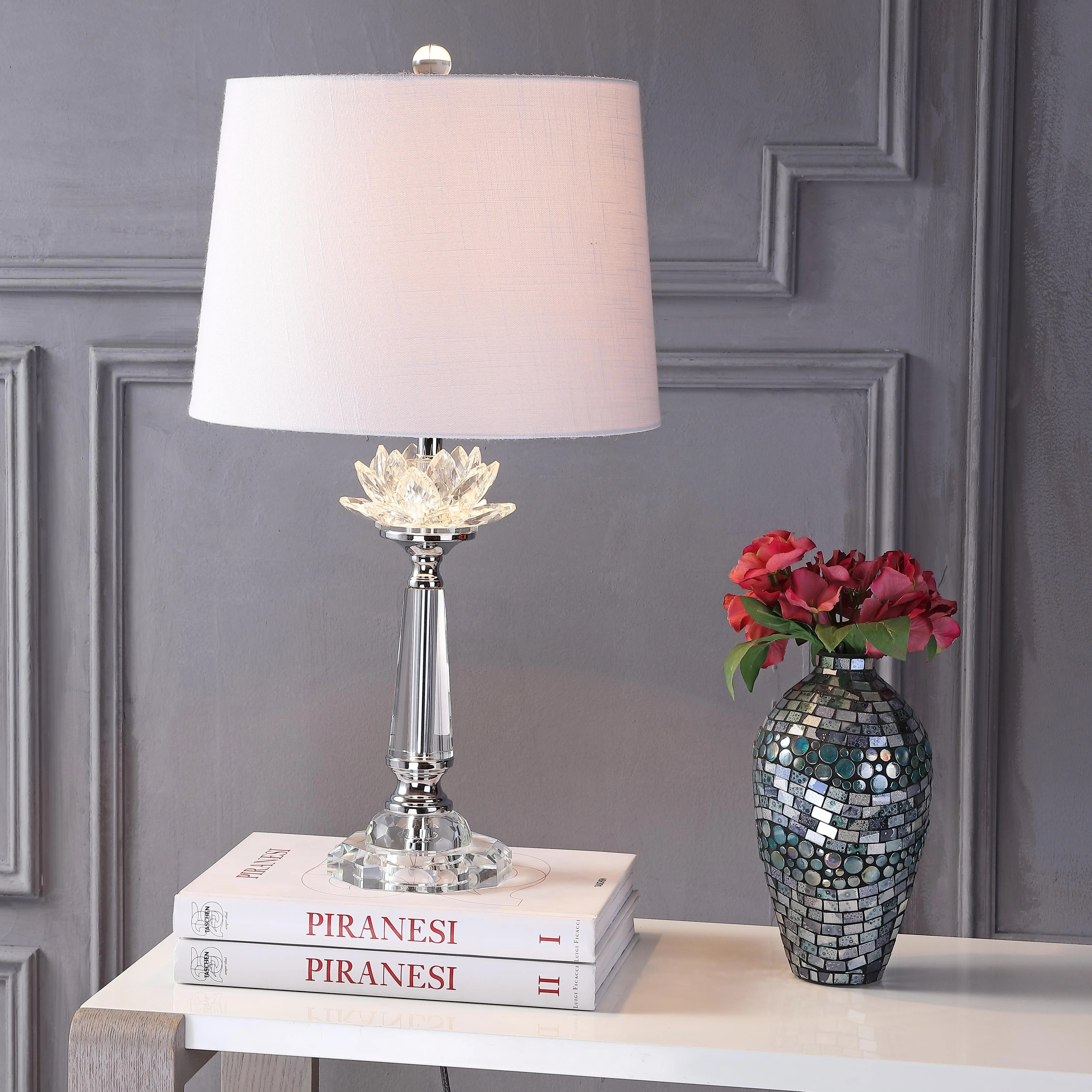 JONATHAN Y Day Modern Glam Candlestick Table Lamp 24.5" Crystal, Clear | Hollywood Regency Style, Chrome Metal Finish, White Linen Drum Shade, LED Bulb Included