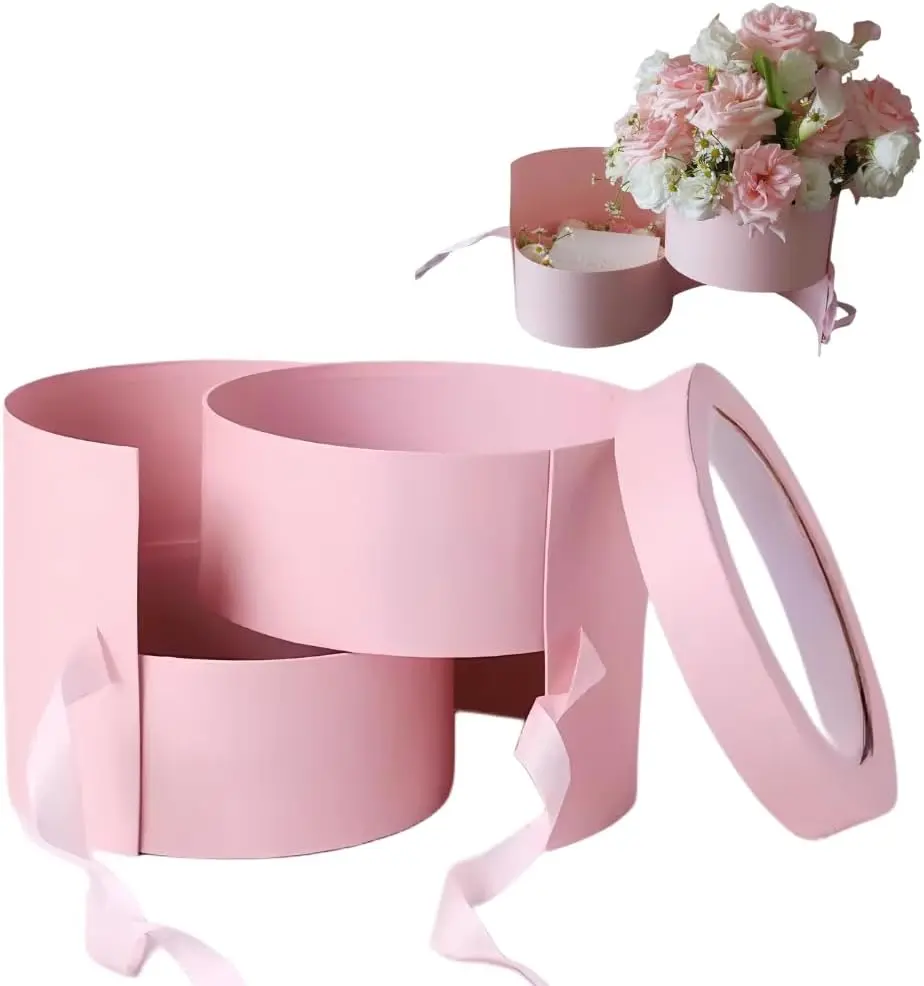 Flower Box with Lid for Arrangements, Double Layers Rotating Drawer Luxury Round Flower Bouquet Gift Boxes Packaging, 1 Set, 7.5"(D) x 6.5"(H) (Pink)