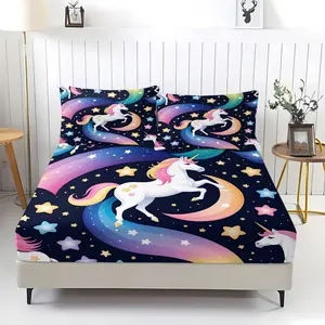 Fantasy Rainbow Unicorn Pattern Fitted Sheet Set, Including 1 Sheet And 2 Pillowcases, Comfortable Bedding, Bedroom Decoration