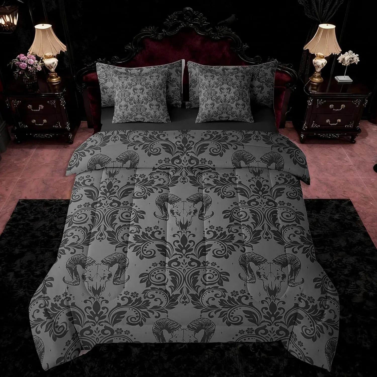 Adults Gothic 7 Pieces Comforter Set Dark Olive Green Damask Goat Head Bohemia Boho Bedding Set Goth Vintage Victorian Baroque Floral Bed in a Bag