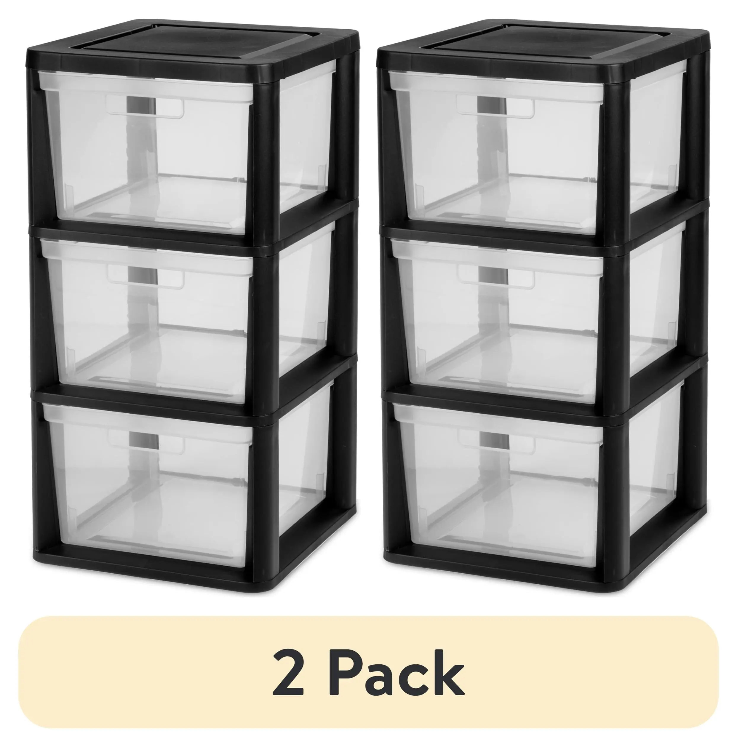 (2 pack) Sterilite 3 Drawer Tower, Plastic Storage Organizer with Removable Clear Bins, Easy Assembly, No Tools Needed, Black