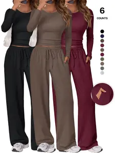 Women's 2 Piece Matching Lounge Set, Long Sleeve Slightly Crop Top & Wide Leg Pants, Casual Workout Set for Comfortable Wear