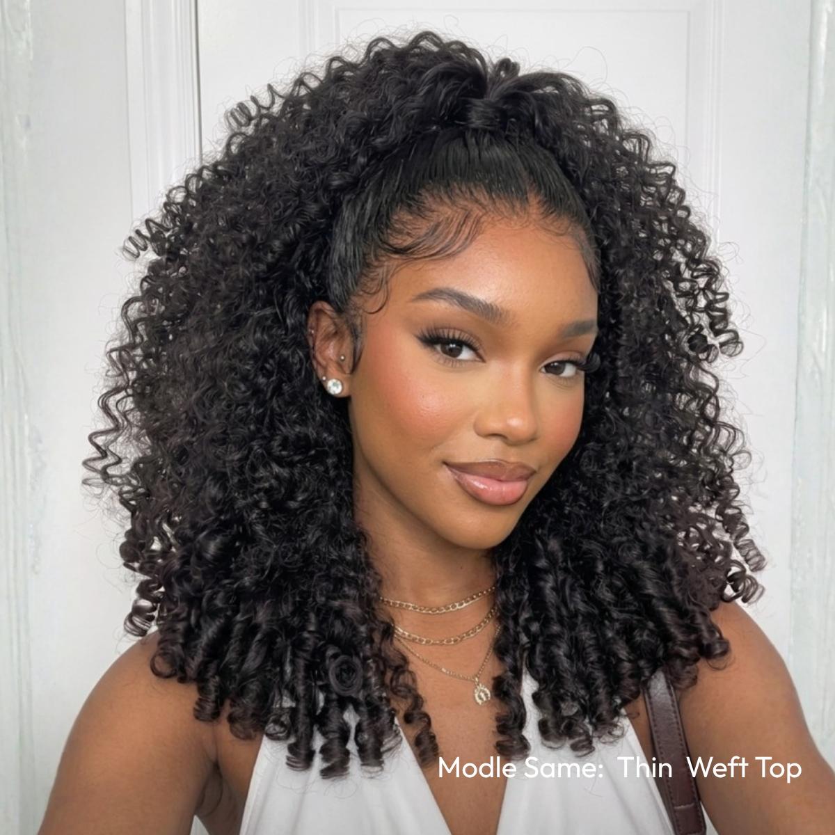 UNice MeltLine Half Wig Burmese Curly with Finger Coily Ends Glueless Seamless Human Hair Wigs 2 Top Design Options Pre Braided Thin Weft Summer Wig No Slip Beginner Friendly