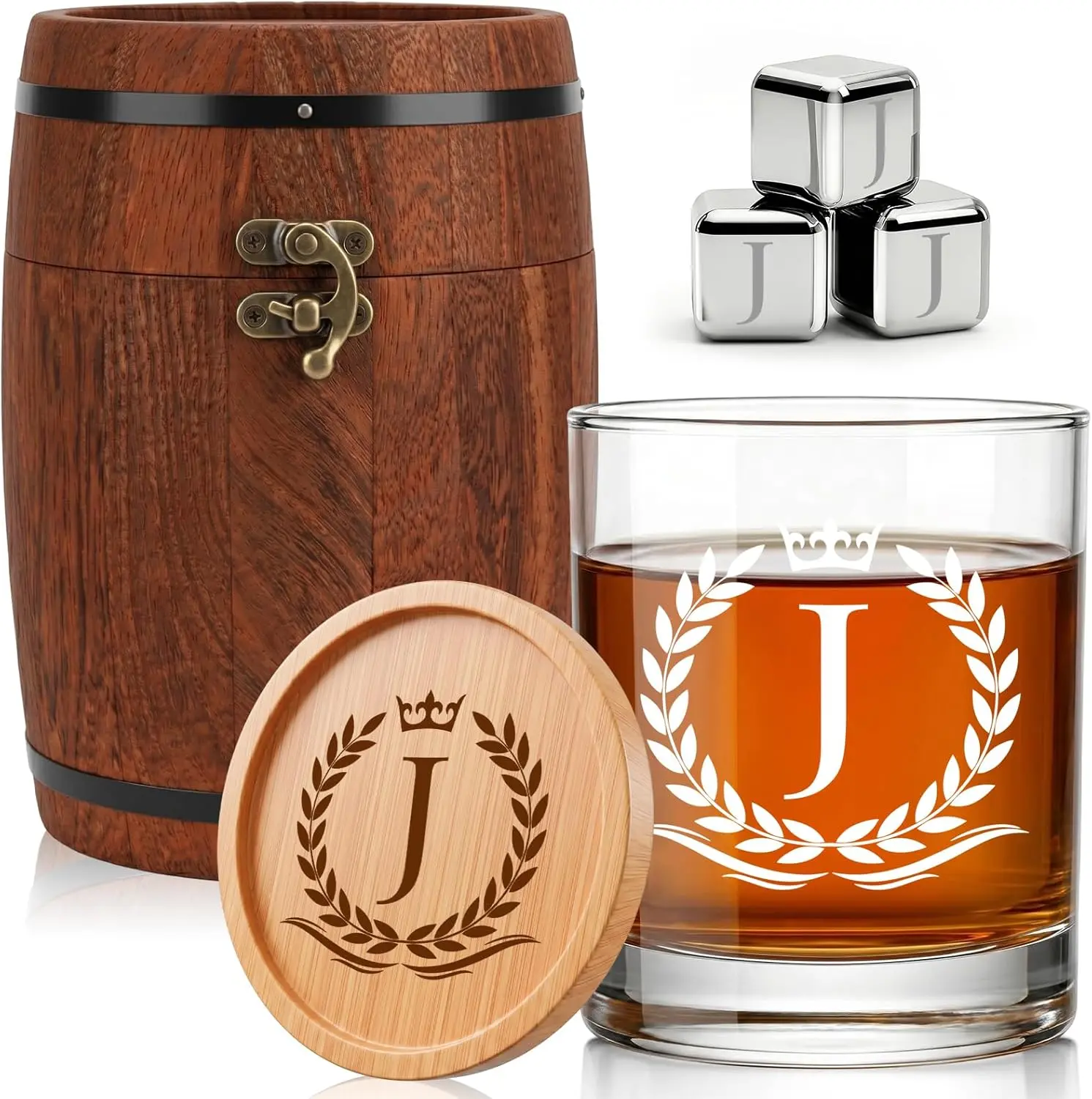 Personalized Whiskey Glass Drinkware Gift Set - Custom A-Z Initial Rocks Glass, Chilling Stones, Coaster in Vintage Oak Wooden Barrel Box - Birthday Gifts for Men (J)