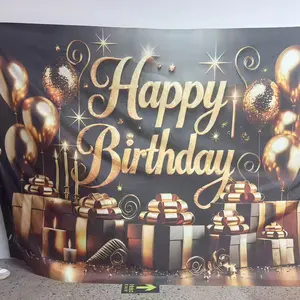 Black and gold birthday party background banner, 2D flat decorative background cloth, luxurious black and gold balloon elements, suitable for living rooms, bedrooms, offices, birthdays, anniversaries and home decoration, outdoor and indoor parties