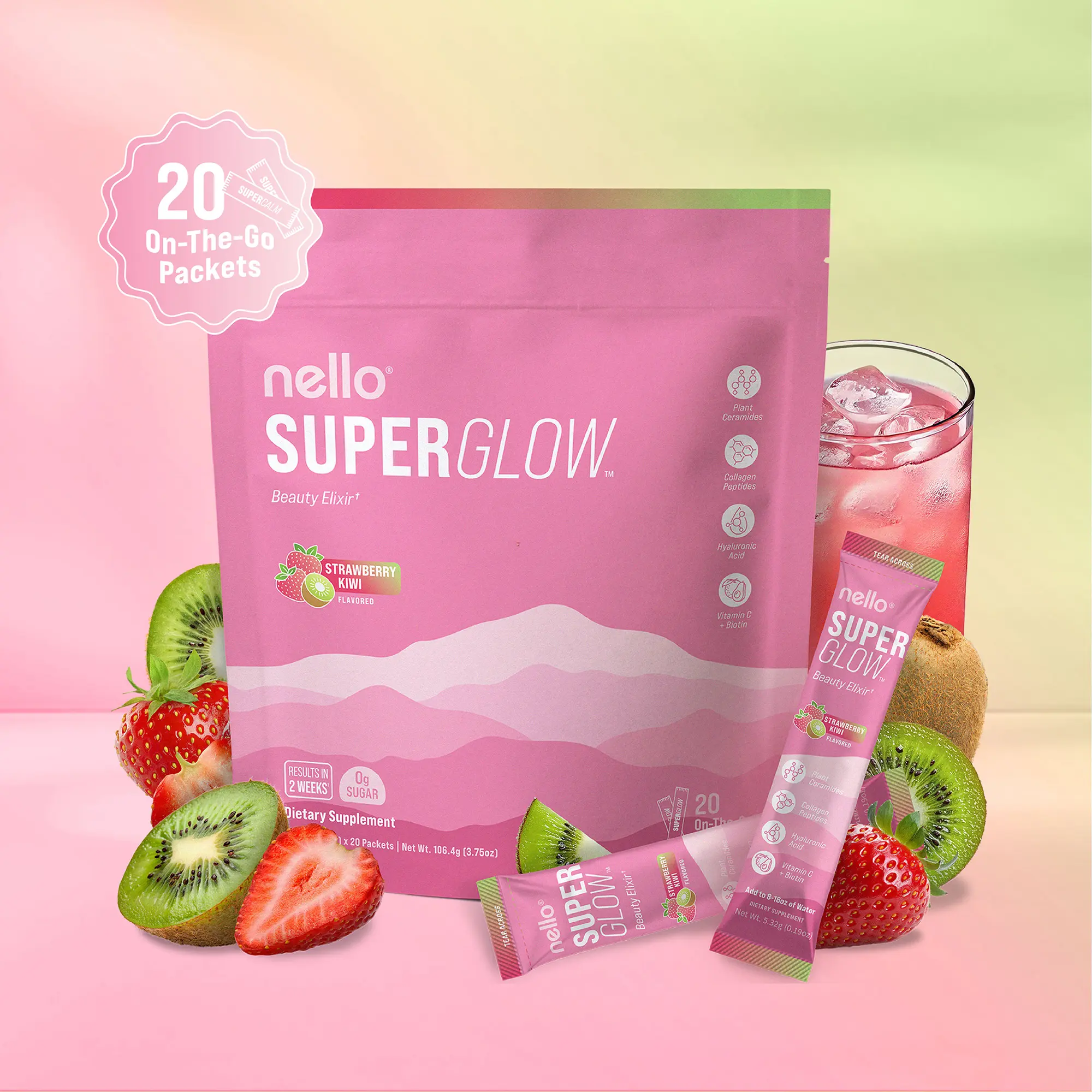 Nello Superglow Skin & Hair Support Drink Mix, Ceramosides, Hyaluronic Acid, Collagen Peptides, Biotin & Vitamin C, 20 Travel Packets