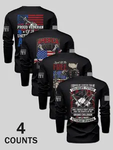 Men's Classic Crew Neck Long Sleeve T-Shirt, Flag Series Print Design, Multiple Colors Available, Comfortable, Casual, Fitted & Stylish Fit, Clothes