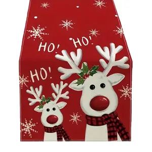 Christmas Holiday Linen Table Runner - 100% Woven Linen, Square-Shaped Reindeer & Snowflake Design, Festive Dining Decor for Winter Gatherings, Single-Sided Print - 13x48/13x72/13x108 Inch (1PC)