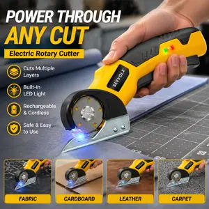 SEEVOLX Cordless Electric Scissors Rechargeable Rotary Cutter with Safety Lock LED Light for Fabric Denim Carpet Cardboard Leather and DIY Projects USB-C Charging Port Comfort Grip Battery Indicator