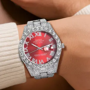 Men's Moissanite Watch Sparkling Diamond Stainless Steel Strap Red Dial Elegant Design Day-Date Quartz Chronometer