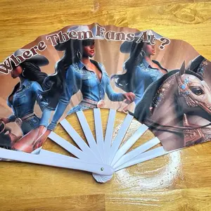 Custom Clack Fan - Decorative Hand Fan with Graphic Print Featuring "WHERE THEM FANS AT? " Design, Ideal for Line Dancing and Sunday Morning Service