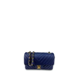 Pre-owned CHANEL Leather Shoulder Bags Blue Chevron Rectangular Mini Flap