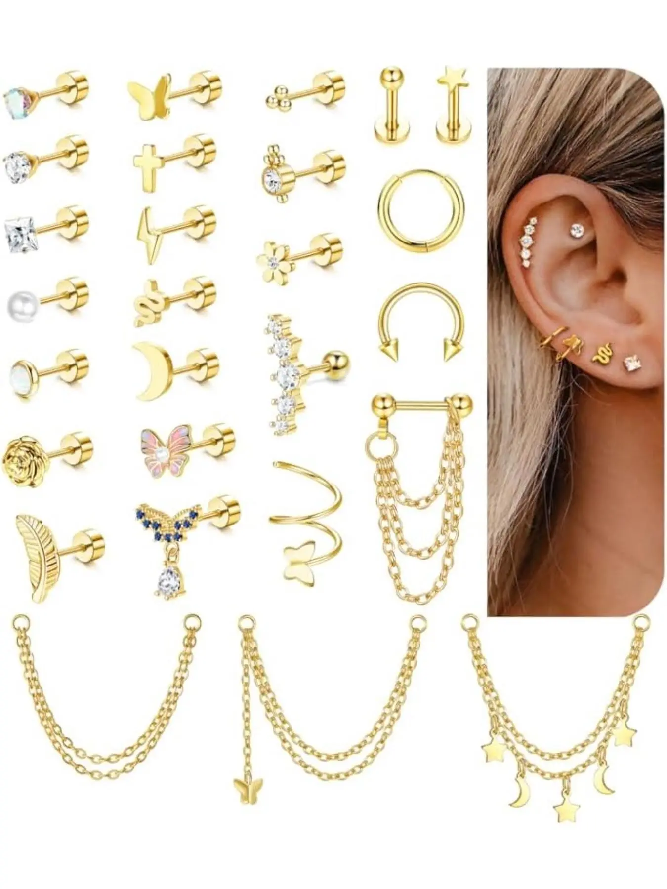 27 Pcs Helix Piercing Earrings Set, Hypoallergenic Surgical Steel, Small Cz Flat Back, Earrings With Flat Backs, Cartilage Helix Hoop, Tragus Earring Jewelry, Ear Studs, Hypoallergenic Post Earrings