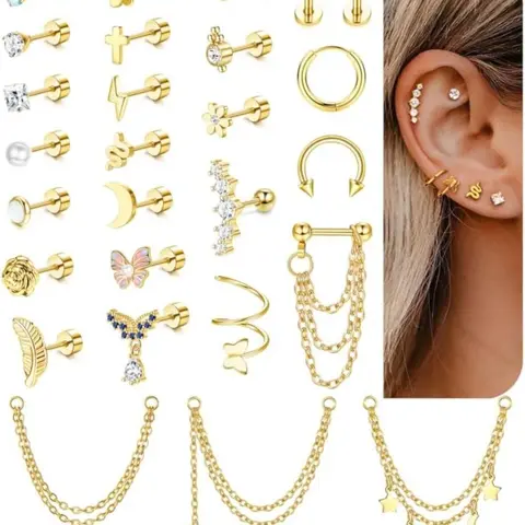 27 Pcs Helix Piercing Earrings Set, Hypoallergenic Surgical Steel, Small Cz Flat Back, Earrings With Flat Backs, Cartilage Helix Hoop, Tragus Earring Jewelry, Ear Studs, Hypoallergenic Post Earrings, Cartilage Earring Sets