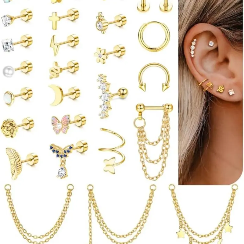 27 Pcs Helix Piercing Earrings Set, Hypoallergenic Surgical Steel, Small Cz Flat Back, Earrings With Flat Backs, Cartilage Helix Hoop, Tragus Earring Jewelry, Ear Studs, Hypoallergenic Post Earrings, Cartilage Earring Sets
