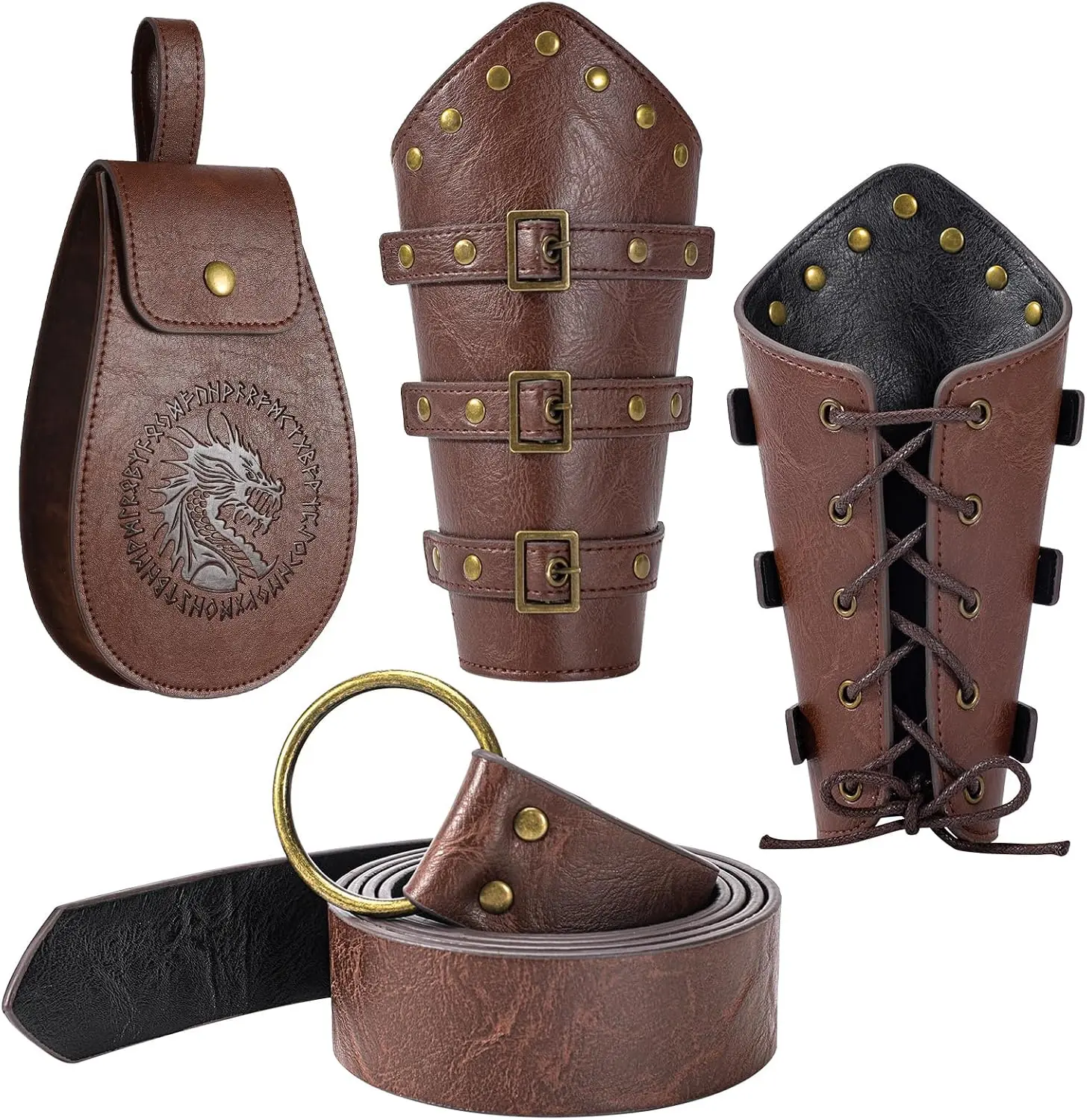 3 PCS Renaissance Accessories, Viking Belt, Medieval Vintage Belt Pouch & Leather Bracers for Halloween LARP CosplayGift.