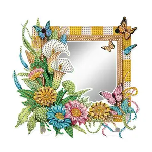 Flower Pattern DIY Diamond Arts Colorful Painting Kit, Acrylic Mirror with Tools & Accessories, Decorative Art Mirror for Home Decoration