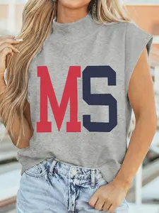Light Grey MS Mississippi Slogan Print Mock Neck Tee Casual Short Sleeve High Neck Shift Silhouette Graphic T-Shirt Daily Fashion Top for Women
