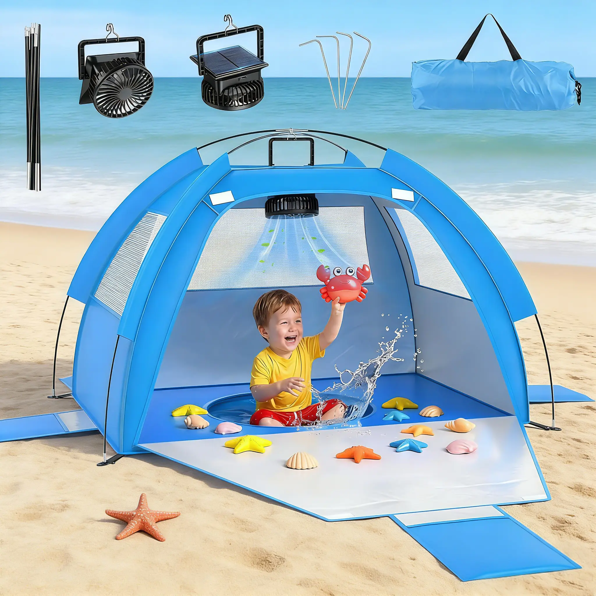 DSQUU Baby Beach Tent Solar Cooling Fan, Anti-UV Toddler Beach Tent Sun Shelter Portable Travel Fan Beach Shade Tent, Baby Play Tent Built-in Ceiling Fan Sun Shelters Toddler Beach Essentials summer outdoor fun #summerwins