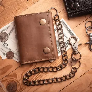 Men's Trifold Chain Wallet with Snaps RFID Safe Genuine Leather 9 Card Slots ID Window Key Holders Design in USA Vintage Rustic Brown Crazy Horse Secure Your Essentials Maximize Your Capacity Sleek Design and Size Modern Technology Protection