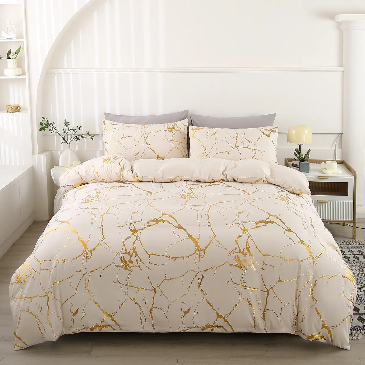 3pcs Polyester Fiber Gold Foil Quilt Cover Set, Duvet Cover Sets, Includes 1 Quilt Cover and 2 Pillowcases, Suitable for Bedroom, All Seasons, Polyester Bedding Set