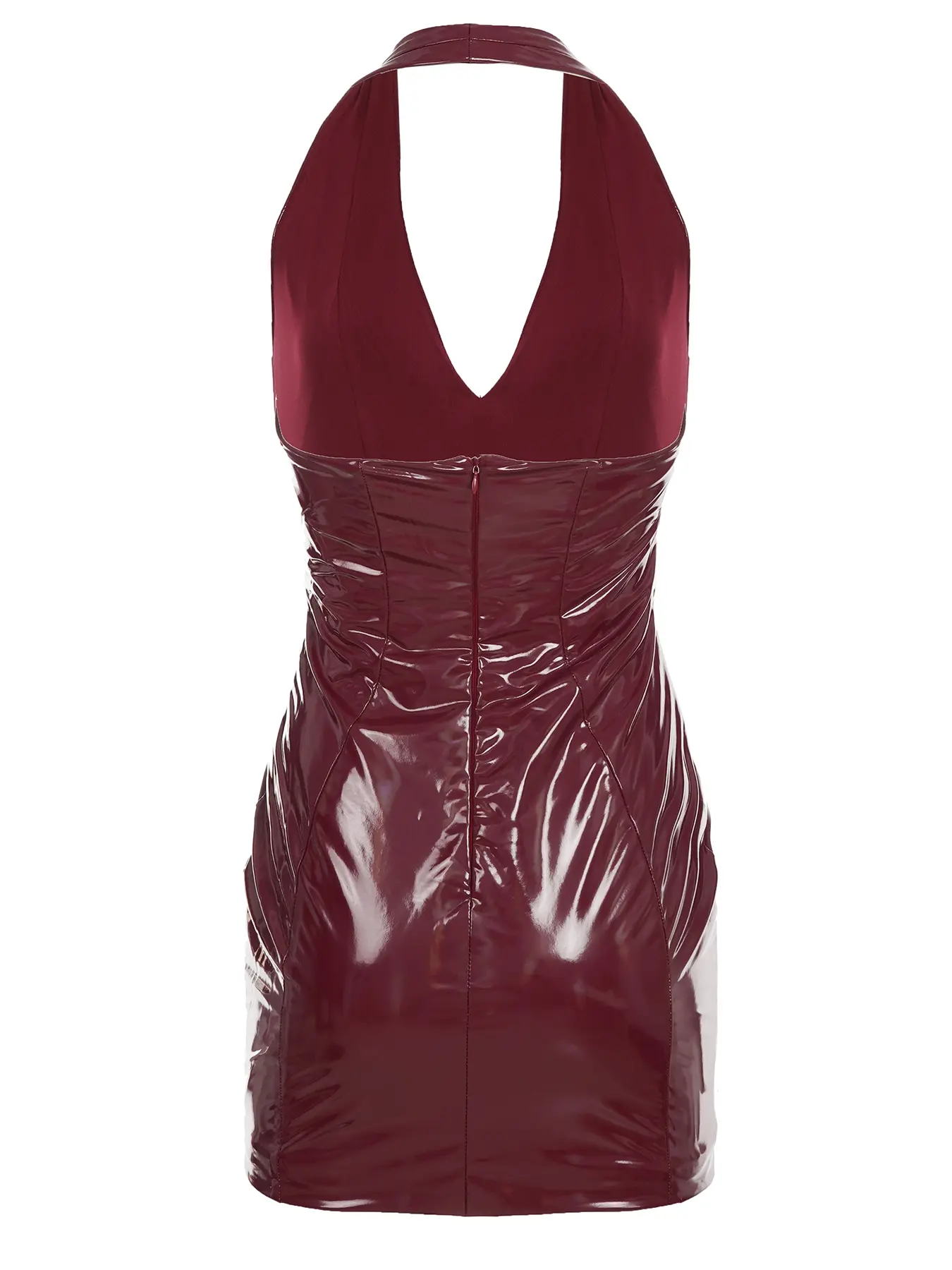 Sexy Burgundy Women's Womenswear Glossy PU Leather Dress. Slim Elegant  Fashion Casual Halter Neck Sleeveless Short