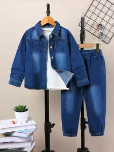 Boy's Button Front Denim Shirt & Jeans Two-piece Set, Casual Fashion Cozy Two Piece Outfits for Daily Outdoor Wear, Kids Clothes for All Seasons