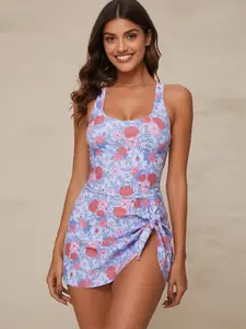 2026 Trending Silhouette: Women's Tummy Control One-Piece Swimsuit - Floral Print Swimdress with Asymmetrical Side-Tie Skirt, Modest Scoop Neck, High-Stretch Fabric, Removable Padding & Adjustable Straps - Elegant Seaside Attire & Beachwear