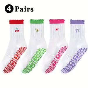 Cute Pilates Grip Socks for Women 4 Pairs Ruffle Frilly Yoga Socks Non Slip Cotton Crew Grippy Sock for Barre Workout in Assorted Colors