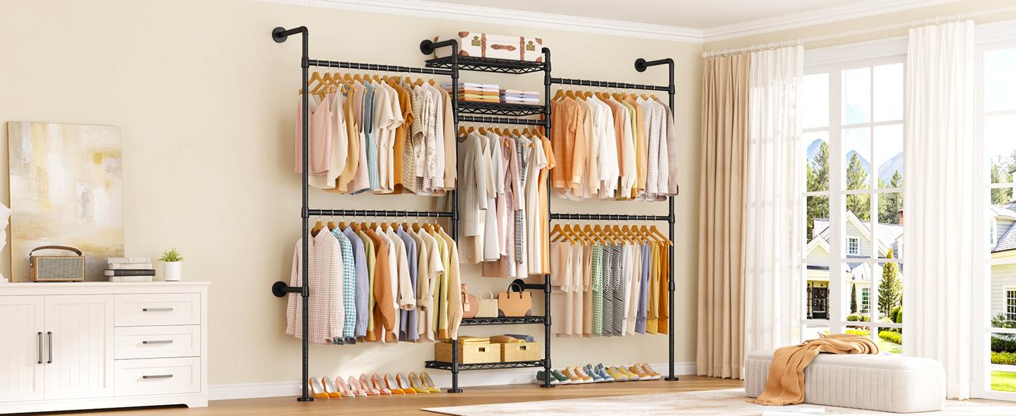 ULIFHOME Heavy Duty Metal Frame Closet Rack - Wall-Mounted Expandable Size (22.4-39.4in) Industrial Pipe Closet Organizer, Garment Storage for Indoor Use in Bedroom, Living Room Furniture,dorm room inspo,college dorm essentials,dorm haul