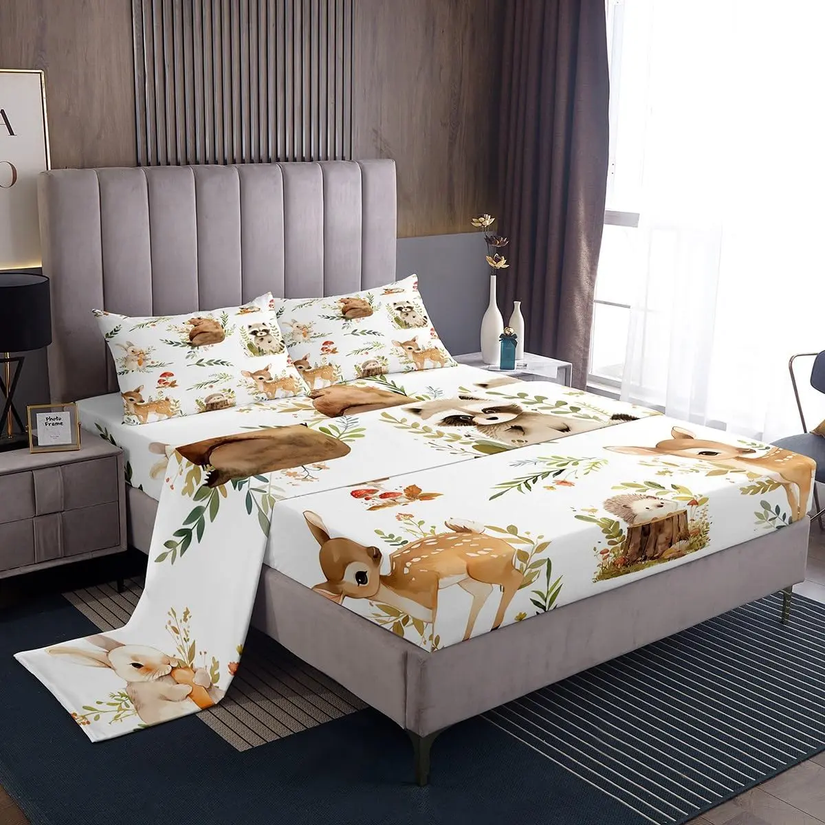 Feelyou Woodland Animal Bedsheet Sets - Animal-Themed & Cartoon Fitted Sheets, Cute Deer Rabbit Hedgehog Mushroom Branches Rustic Reactive Print, Soft Microfiber, Deep Pockets, Breathable, Multi-Size Bedding for Kids, Animal-Themed Fitted Sheets