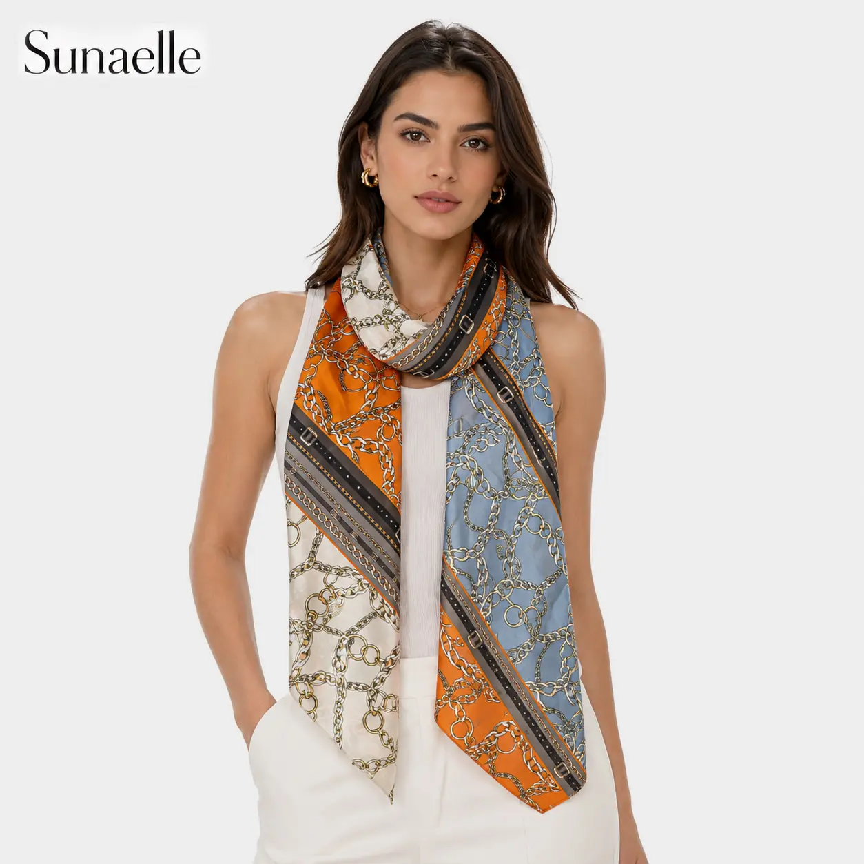 Women's Luxury Chain Print Scarf Elegant Silk Feel Square Scarf Vintage Head Neck Wrap Fashion Accessory