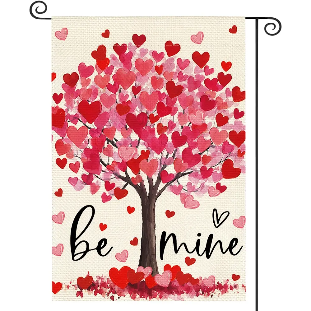 1Pc Pink Valentine's Heart Tree Garden Flag 12x18-inch Double-sided Polyester Outdoor Yard Flag with Flower and Cat Watercolor Print, Versatile Holiday Decoration