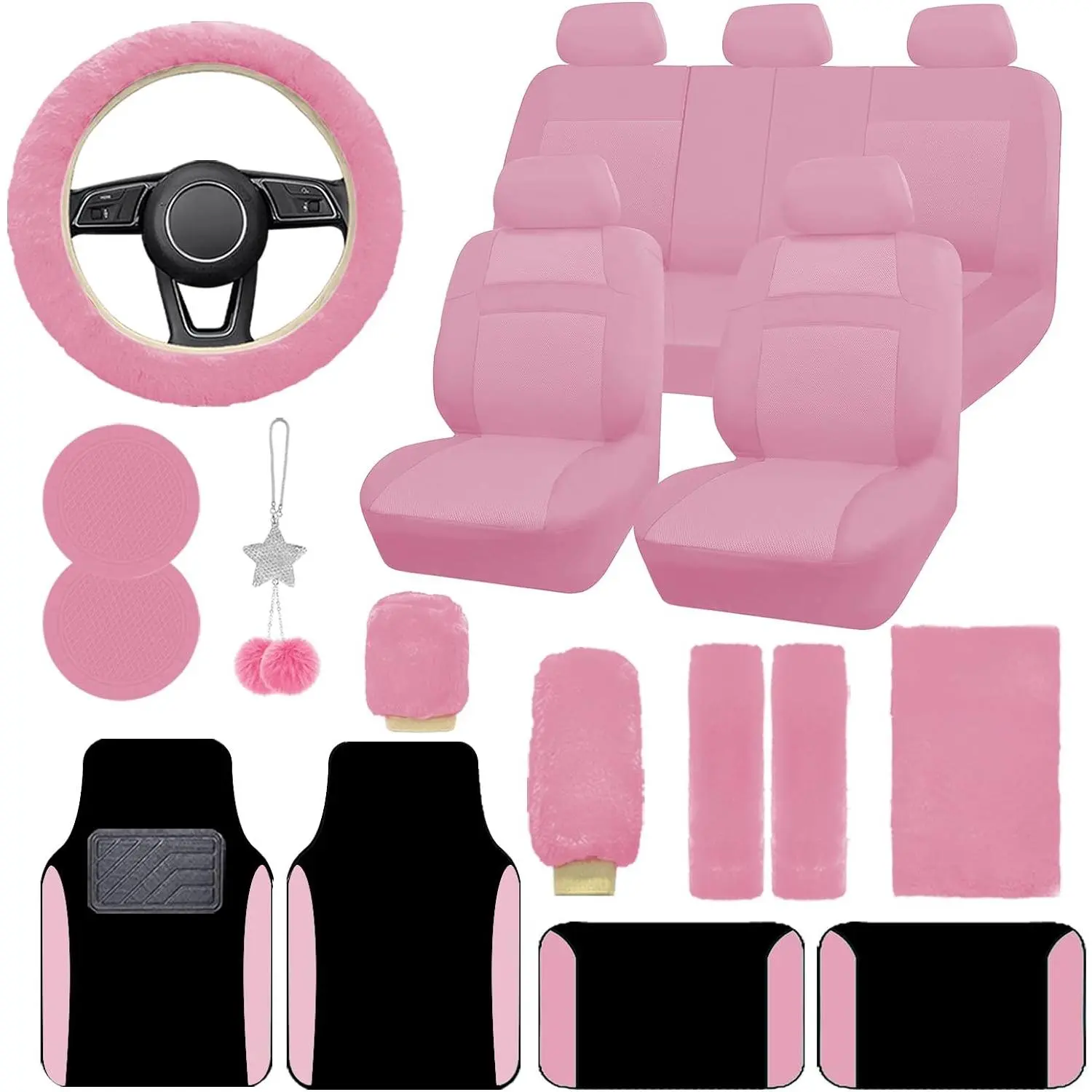 car stuffCar Seat Cover Full Set for Women with Waterproof Floor Mats,3D Air Mesh Car Seat Cover with 5mm Composite Sponge Inside,Universal Fluffy Steering, Car Interior Kit, Girly Car Interior Sets
