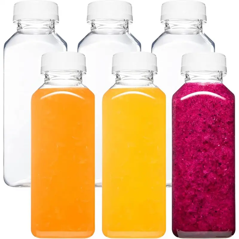 Plastic Juice Bottles with Caps, Reusable Juicing Bottles, Clear Drink Containers with Lids for Juicing, Smoothie and Other Beverages - 12oz 6pcs-L