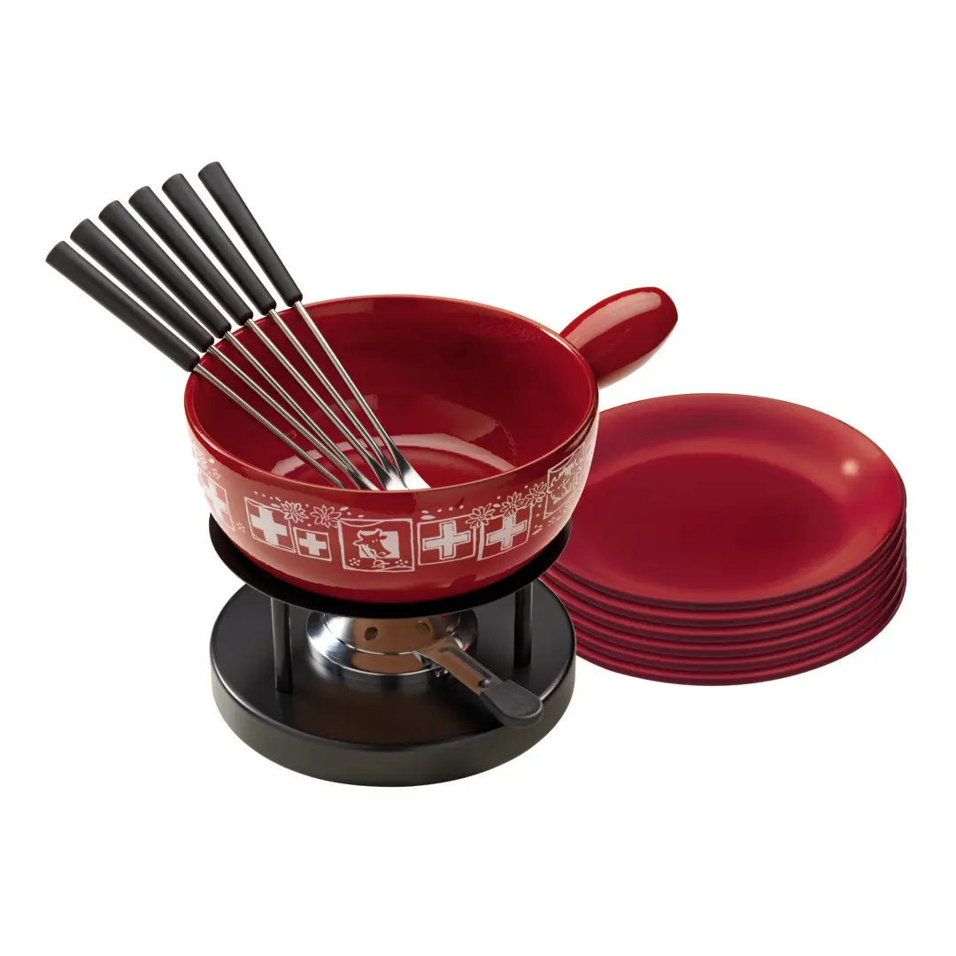 Kuhn Rikon Merry Melt Fondue Party Set with 6 Forks 6 Plates & 3-Pack Fuel for Cozy Dinners Holiday Gatherings TikTok-Worthy Cheese Pulls