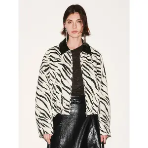 URBAN REVIVO Women's Chic Zebra Print Denim Bomber Jacket - Longsleeves Outerwear, Modern Loose-Fit Cotton Blend Coats, 2026 New Quality Fabric, Standard Sizes Casual Tops