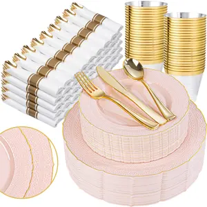 350PCS Pink Plastic Plates - Pink Gold Plastic Dinnerware Set for 50 Guests - 100 Disposable Plates, 50 Pre Rolled Napkins with Cutlery Set, 50 Cups Perfect for Wedding & Party