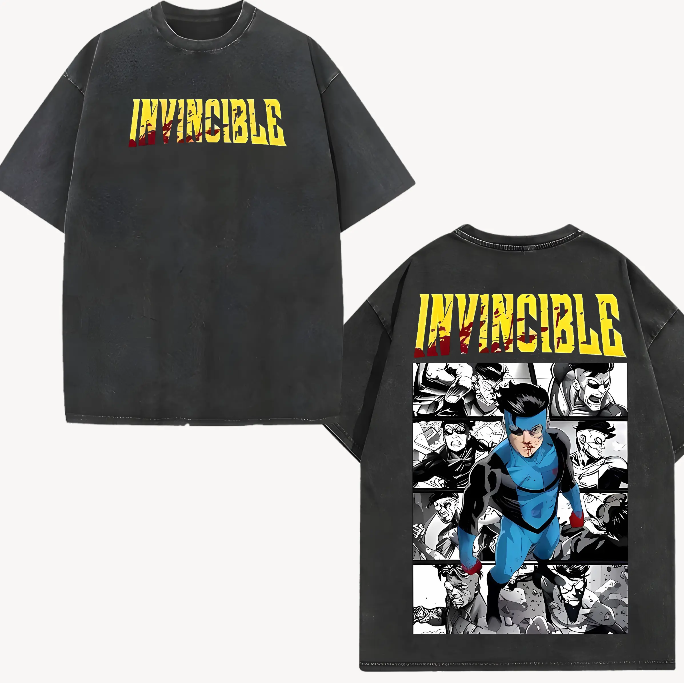 Menswear Vintage Short-Sleeve Oversize Lightweight Acid-Washed T-Shirt - Superstyle Limited Edition Emperor Mark Grayson Invincible War Comic Double-Printed TV Series Graphic Tops