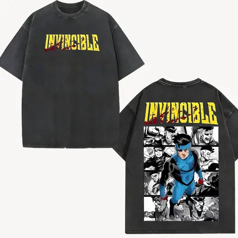 Men's Vintage Oversized Lightweight Cotton Fitted Acid-Washed Short-Sleeve Round-Neck Graphic Tee - Superstyle Limited Edition Emperor Mark Grayson Invincible War Comic Double Print TV Series Distressed Casual Top
