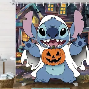 DISNEY CLASSIC Stitch Halloween Shower Curtain - Durable Polyester Bathroom Decor with Hooks, Vibrant Spooky Town & Bats Design, Holiday Home Decor