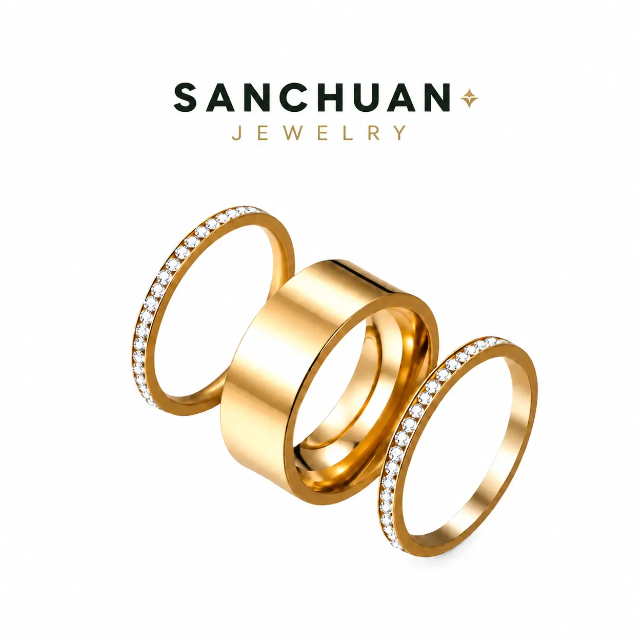 2-Pack Golden Plated Stacking Rings for Oura Gen 4/Oura Gen, Smooth Edged Diamond Ring, Cubic Zirconia Oura Ring Stack for Women, Titanium Steel Metal Plated Wide Version, Simple and Luxurious Ins Style Hand Jewelry