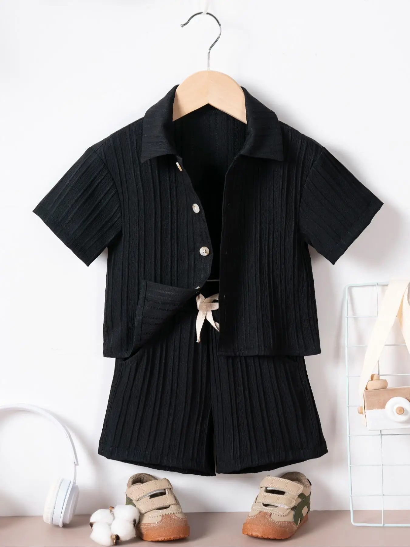 Two-Piece Set Toddler Boy's Solid Short Sleeve Collared Top & Shorts, Casual Summer Clothes for Kids, Kid's Clothing for Daily Wear