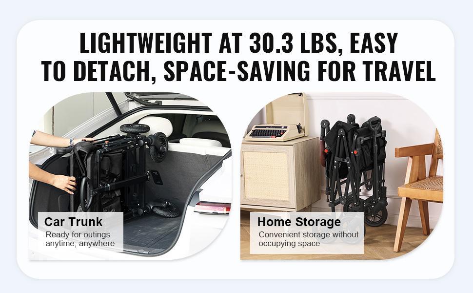 VEVOR Wagon Stroller for 2 Kids,  Push Pull Quad Collapsible Stroller with Adjustable Handle, Encircling Harness Removable Canopy, 4 Wheels with Brakes, Mutifunction Tandem Stroller for Camping