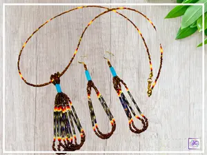 Tassel Bead Necklace Set with Rainbow and Brown Seed Beads