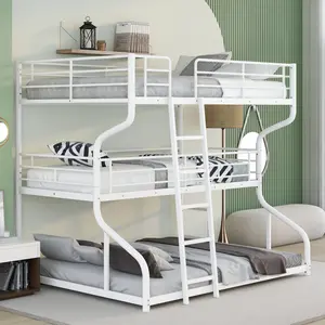 [SOIYELIFE] Full XL over Twin XL over Queen Size Triple Bunk Bed with Long and Short Ladder,White