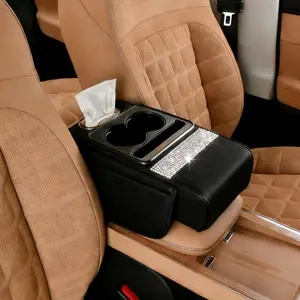 Practical PU Leather Car Armrest Cushion, Built-in Elbow Height Pad, Storage Space, Cup Holder & Tissue Box, Auto Interior Decor Parts